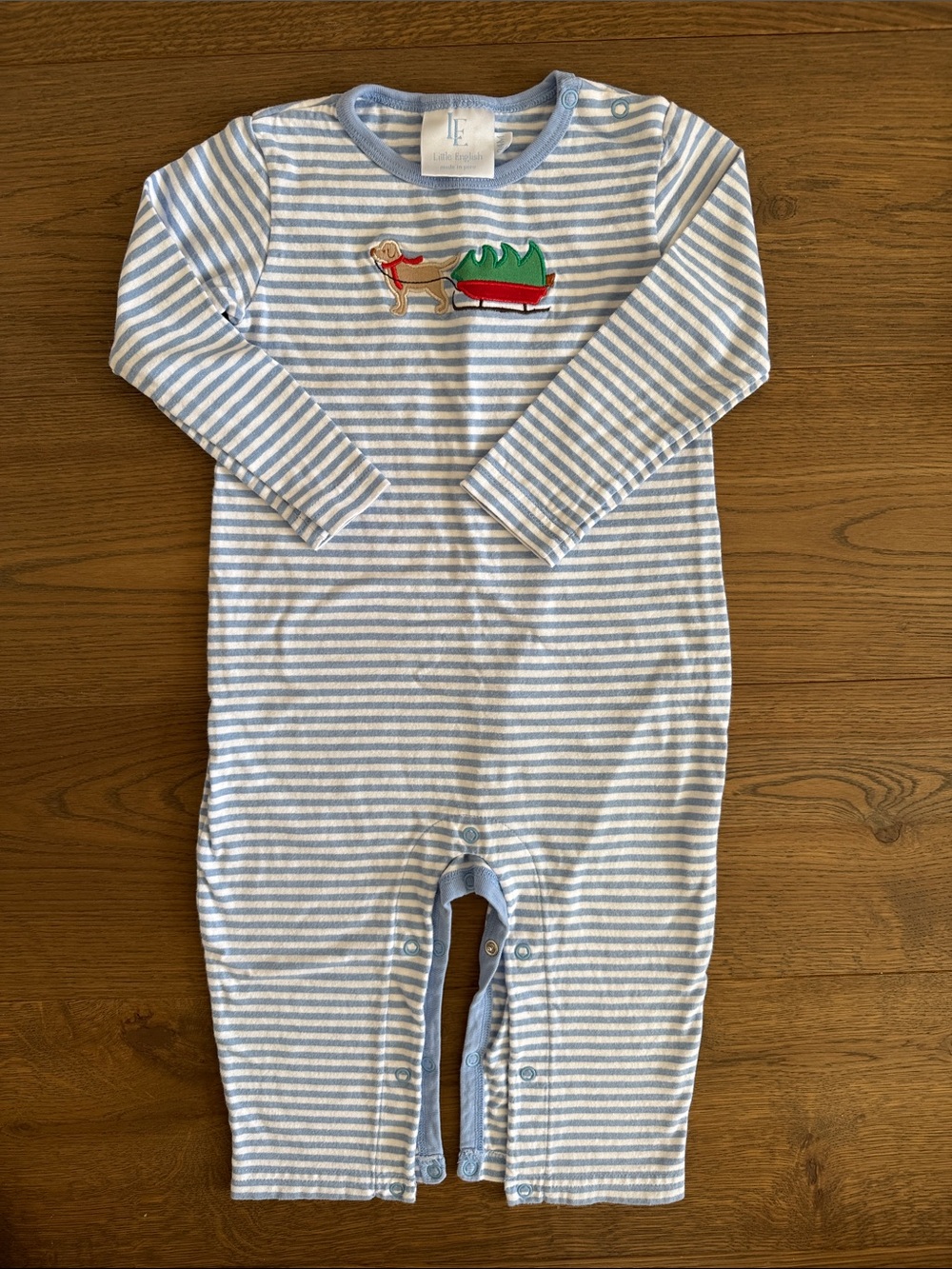 Little English Light Blue & White Striped Baby One-Piece with Dog and Tree Patch
